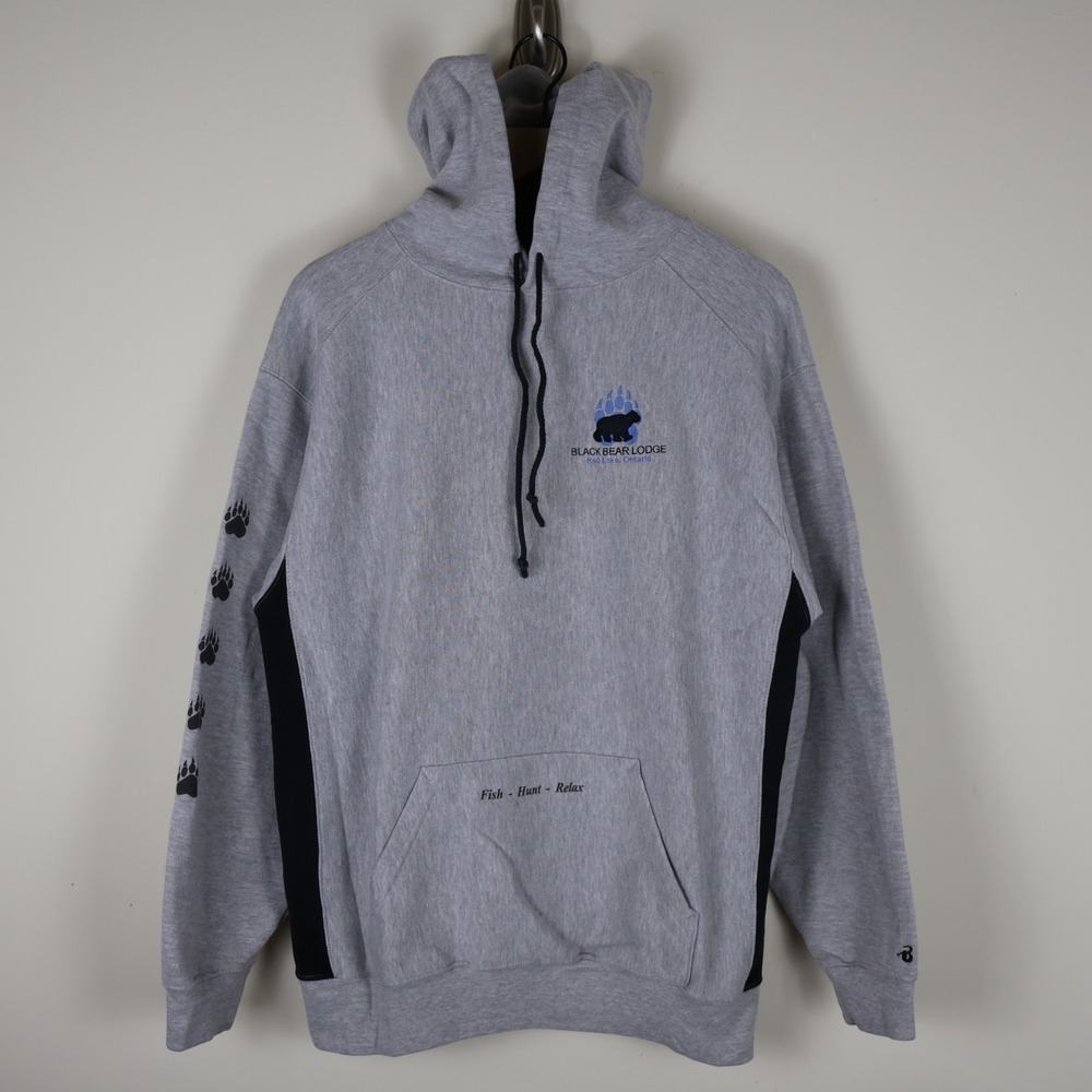 Vintage Black Bear Lodge Red Lake Ontario Embroidered Hoodie Gray Large 22x28‎